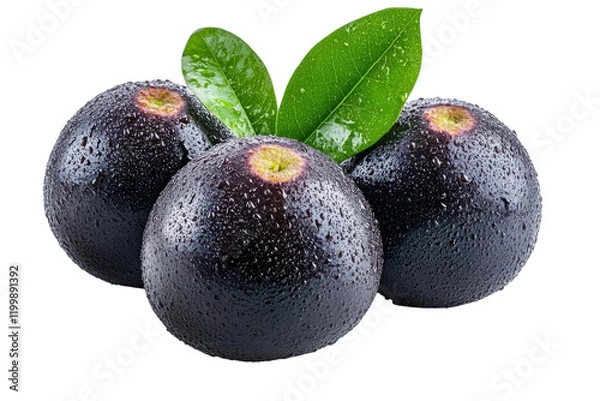 Fototapeta Fresh black avocados with droplets of water and green leaves displayed on a white surface