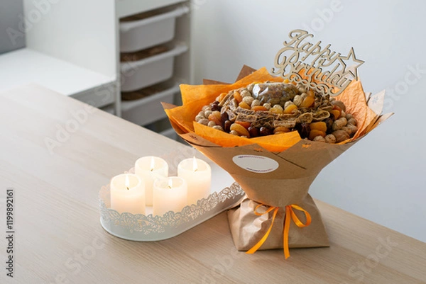 Fototapeta Dried Fruit and Nut Bouquet with Candles on Table