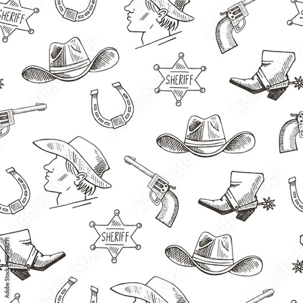 Fototapeta Western hand draw sketch vector seamless pattern.