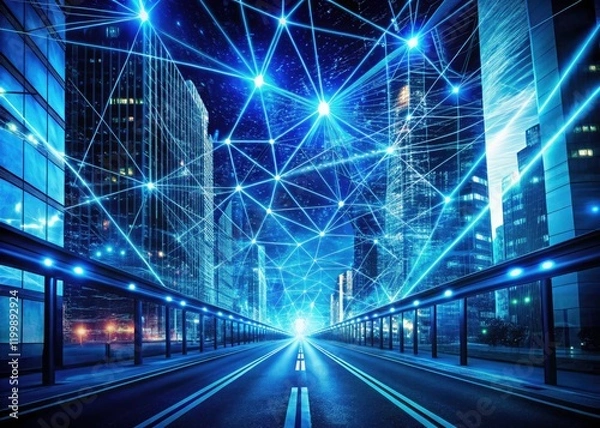 Fototapeta Explore a cyberpunk city's 4K futuristic network.  Electric blue data streams arc across towering transmission lines.