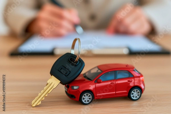 Fototapeta A key and a miniature red model car in a vehicle purchasing process concept. Representation of the process of purchasing and leasing a car.