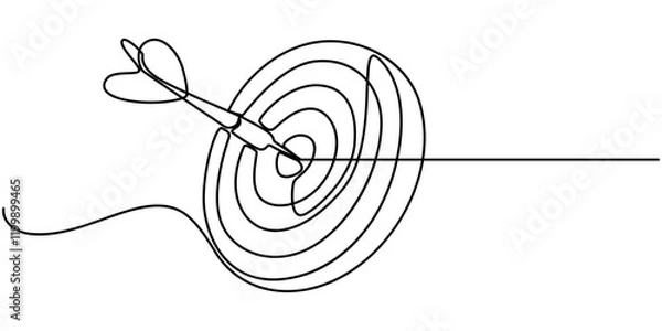 Obraz A dart hitting dartboard one line art drawing, Single continuous line drawing of archery target pad was shot with arrows. Archery sport exercise with target board concept. Trendy one line draw design.