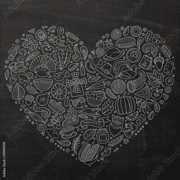 Fototapeta Set of Thanksgiving cartoon doodle objects, symbols