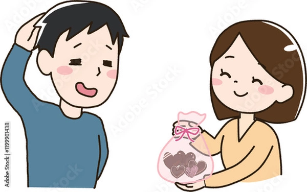 Obraz 女性から袋に入ったハート型のチョコレートをプレゼントされる男性