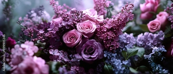 Obraz Romantic floral arrangement featuring lavender roses and lilac blossoms in shades of pink and purple, a moody and elegant composition with soft focus edges. Generative AI