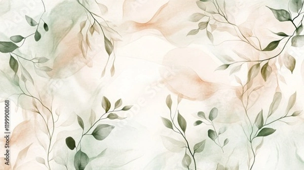Fototapeta A light watercolor pattern of abstract organic shapes like flowing branches, leaves, and soft curves in pastel tones