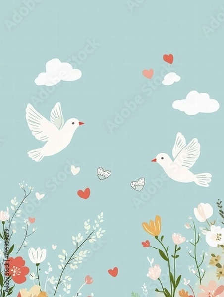 Obraz Two birds flying among flowers and hearts in a whimsical blue sky setting. Generative AI