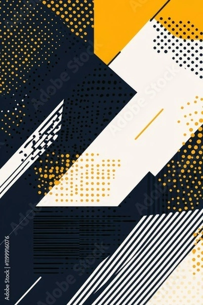 Obraz A geometric pattern with stripes, dots, and lines in navy blue, white, and gold colors.