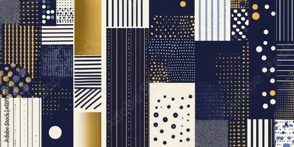 Obraz A geometric pattern with stripes, dots, and lines in navy blue, white, and gold colors.