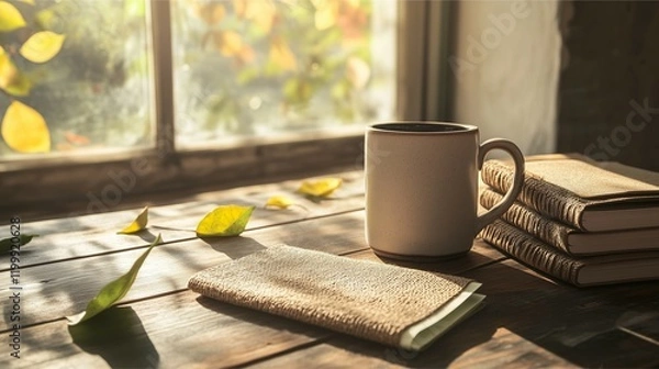 Fototapeta Cozy autumn morning with coffee mug, notebooks, and sunlight through window, rustic wooden table setting