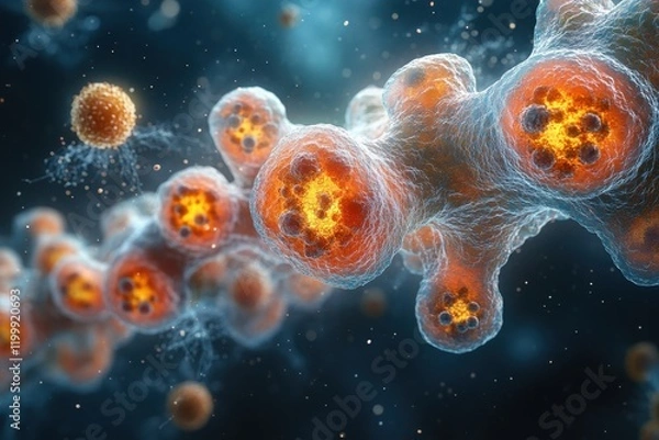 Fototapeta Complex structure of molecular bonds and interactions in a vibrant, colorful representation of cellular components at a microscopic level