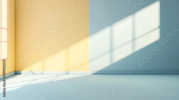 Fototapeta Empty room with sunlight and shadows, interior design, photorealistic rendering, possible use as background