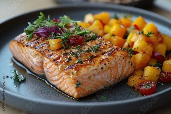 Fototapeta Grilled salmon fillet served with colorful roasted vegetables on a modern plate