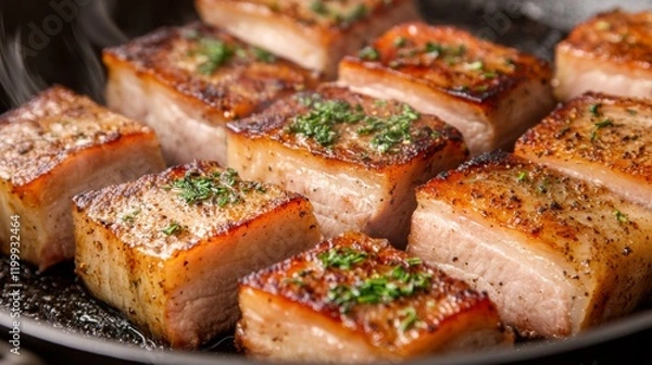 Fototapeta An artistic shot of pork belly slices sizzling in a pan, with golden-brown edges and aromatic herbs, highlighting the cooking process and delicious aromas.