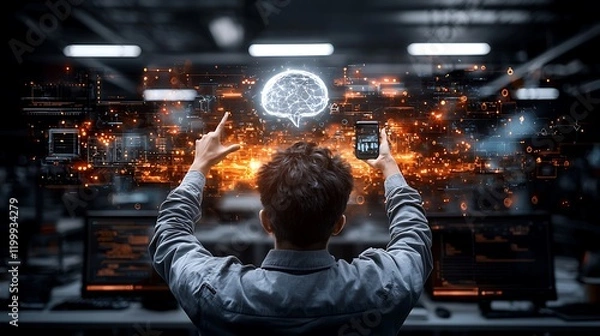Fototapeta Man using AI app, data visualization, tech office, future tech