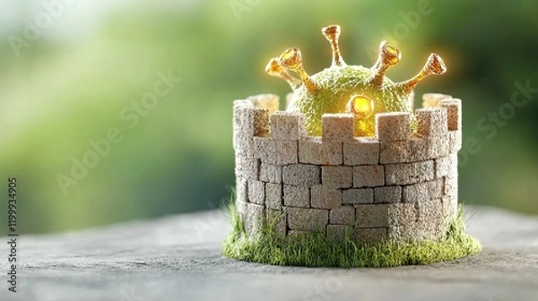 Fototapeta virus and contamination concept. A miniature castle with a glowing virus illustration on top, symbolizing protection and resilience.