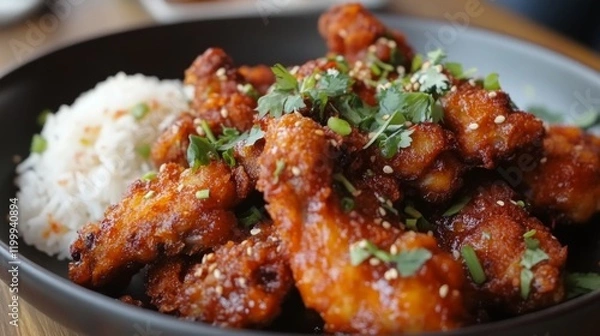 Obraz A close-up of a plate of golden-brown fried chicken served with a side of steamed white rice, garnished with fresh herbs and served on a rustic wooden table