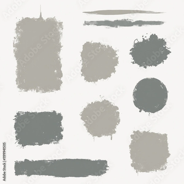 Fototapeta A collection of abstract watercolor stains and brush strokes in muted gray and beige tones, perfect for artistic backgrounds and design elements.