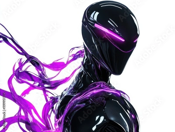 Fototapeta A sleek futuristic figure, neon-purple and cyan energy trails flowing from a polished black metallic suit, standing against a pristine white background