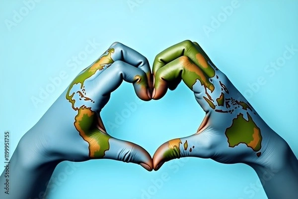 Fototapeta Female hands, painted in the world map, forming heart shape isolated on blue background