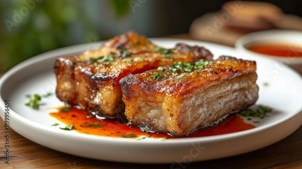 Fototapeta A plate of perfectly fried pork belly with a crispy, golden texture, drizzled with savory fish sauce, set against a rustic wooden table with natural lighting