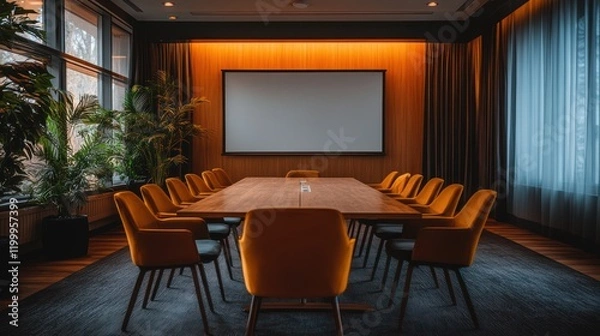 Fototapeta A futuristic, high-tech conference room featuring a blank projector screen mounted on the wall