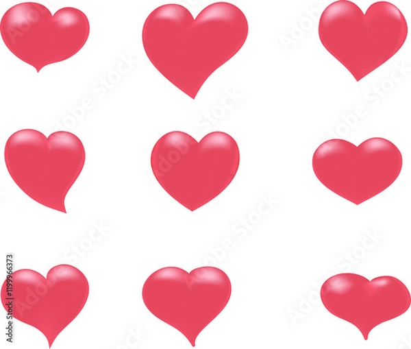 Fototapeta 
Set of 3D hearts. The hearts have a soft glitter that gives them the look of balloons. The hearts are perfect for Valentine's Day, love-themed designs, wedding invitations or gift wrapping.