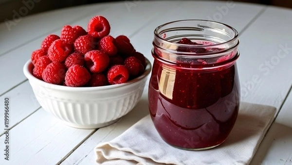 Fototapeta A jar of homemade raspberry jam beside a bowl of fresh berries on a white wooden table, showcasing a delicious and natural treat.

