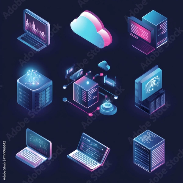Fototapeta Each icon is presented in 9 distinct styles: flat, isometric, line art, 3D realistic, pixel art, cartoon, gradient modern, minimal outline, and futuristic neon. These diverse renderings ensure compati
