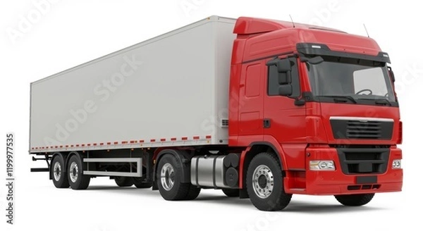Fototapeta Red truck with a large cargo trailer, facing right and appearing in motion, isolated on a white background

