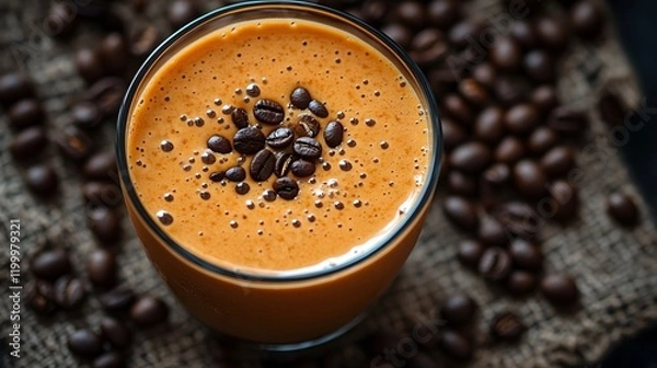 Fototapeta A creamy salted caramel milkshake topped with coffee beans, exuding warmth and indulgence in rich, inviting tones.