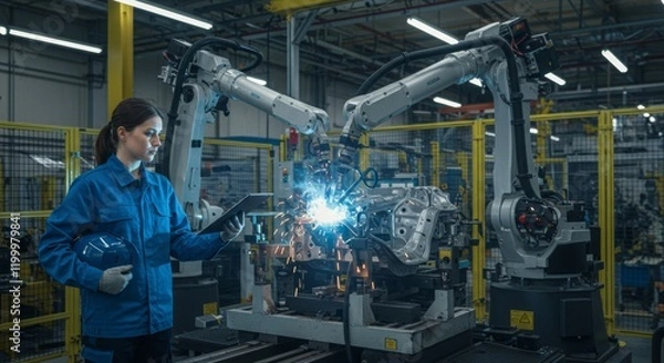 Fototapeta Engineer inspecting and controlling welding robotic arms in an automotive industrial factory

