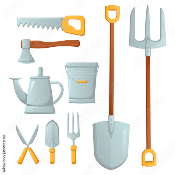Fototapeta Gardening tools set isolated on white background. Shovel, bucket, pitchfork, rake, pruner, ax, saw, watering can, garden shovels and fork for loosening the earth. Vector illustration in a flat style.