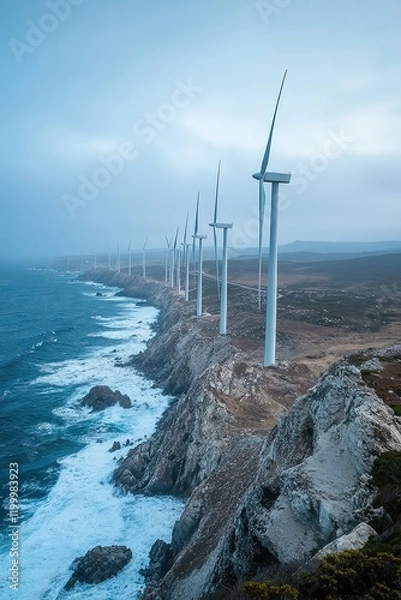 Fototapeta  Row of wind turbines spanning coastal landscape with crashing waves below, symbolizing renewable energy, sustainable practices, and harmony between technology and nature.