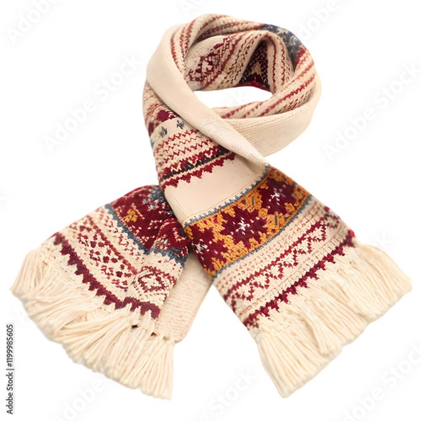 Fototapeta Elegant Cream Winter Scarf Red Pattern Knitted Texture Warm Fashion Accessory wool cozy boho soft   