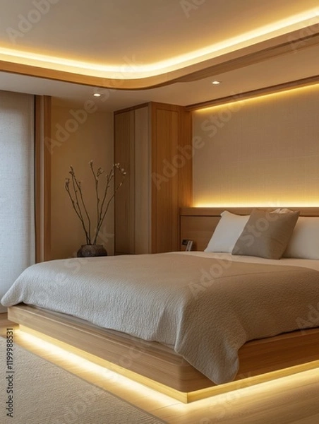 Fototapeta Modern Minimalist Bedroom With Warm Lighting And Wooden Accents