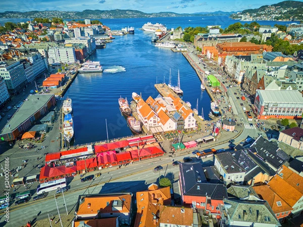 Obraz Aerial view of Bergen harbour and historic Bryggen area, Norway