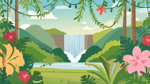 Obraz Lush tropical landscape featuring a waterfall surrounded by vibrant flora and rich greenery in sunny weather