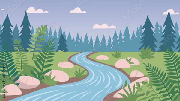 Obraz Serene river flowing through a lush green forest with rocky paths on a calm day