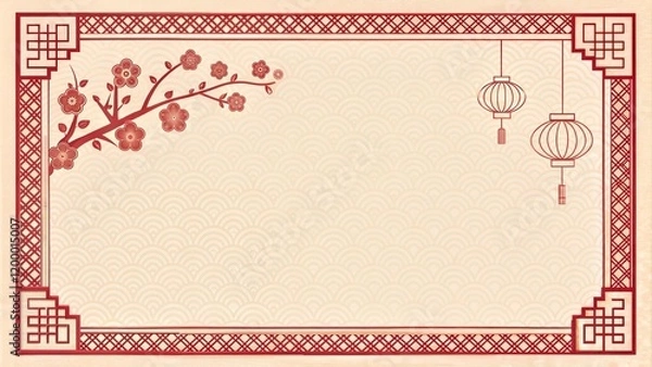 Fototapeta Traditional New Year Background with Red Lanterns, Flowers, and Geometric Pattern.