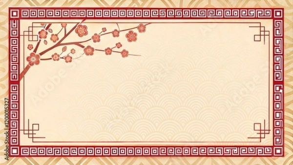 Fototapeta Traditional New Year Background with Red Lanterns, Flowers, and Geometric Pattern.