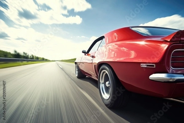 Fototapeta A red sports car is driving down a winding road, with a clear blue sky in the background