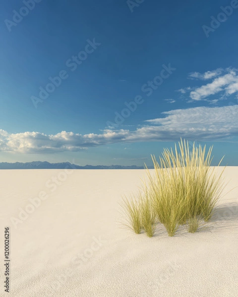 Fototapeta Desert landscape with grass under a clear blue sky and distant mountains