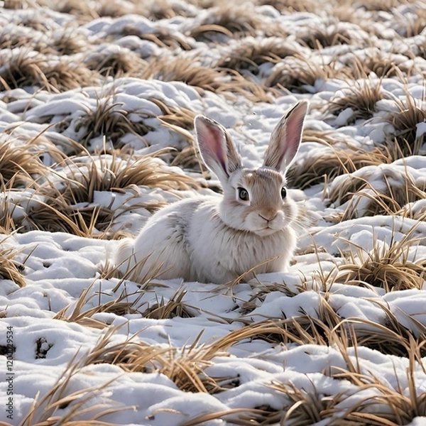 Obraz a hare sitting in the grass covered with a light layer of snow.