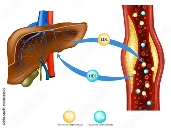 Obraz Cholesterol Transport: LDL and HDL Explained. Liver and Blood Vessel Cholesterol Metabolism. Lipoproteins and Atherosclerosis. Cholesterol Buildup in Arteries