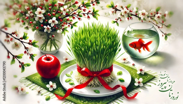 Obraz nowruz haft sin nouruz norooz Persian Iranian new year greeting card, sabzeh sprouts red ribbon, apple, fishbowl goldfish, watercolor isolated on white background