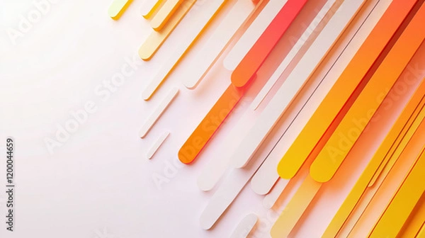 Fototapeta Bright minimalist sun rays design, bold and straight lines in vibrant tones of orange, yellow, and coral radiating from a sun in the corner, dynamic and simple composition on a white background 
