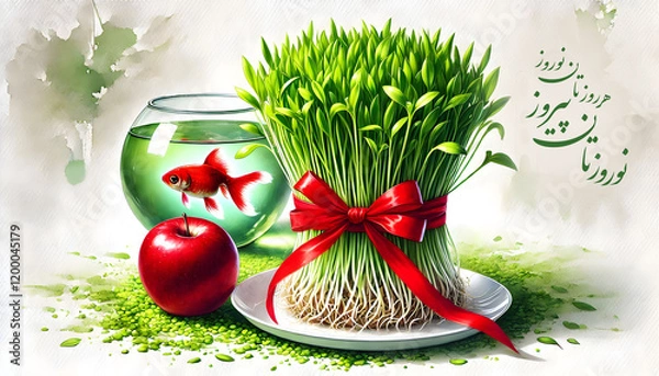 Obraz nowruz haft sin wheatgrass norooz Persian Iranian new year greeting card, sabzeh sprouts red ribbon apple fishbowl goldfish, watercolor 