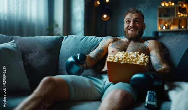 Obraz Boxer Relaxing with Popcorn Watching TV
