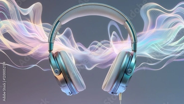 Fototapeta Wireless headphones, headset, and smart speaker with futuristic design, light effects, and digital sound waves – modern technology for music and entertainment.